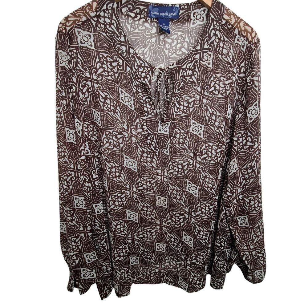 Susan Graver Style Womens‎ Plus SX 1X Sheer Brown Long Sleeve Blouse/Top Boho